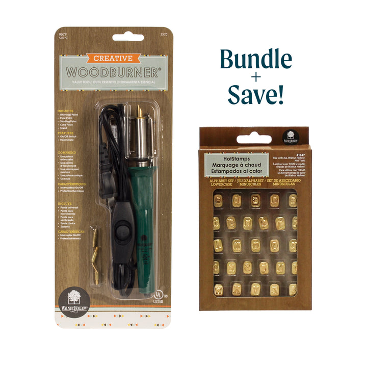 Mini HotStamps Lowercase Alphabet Set + Wood Burning Tool Bundle
